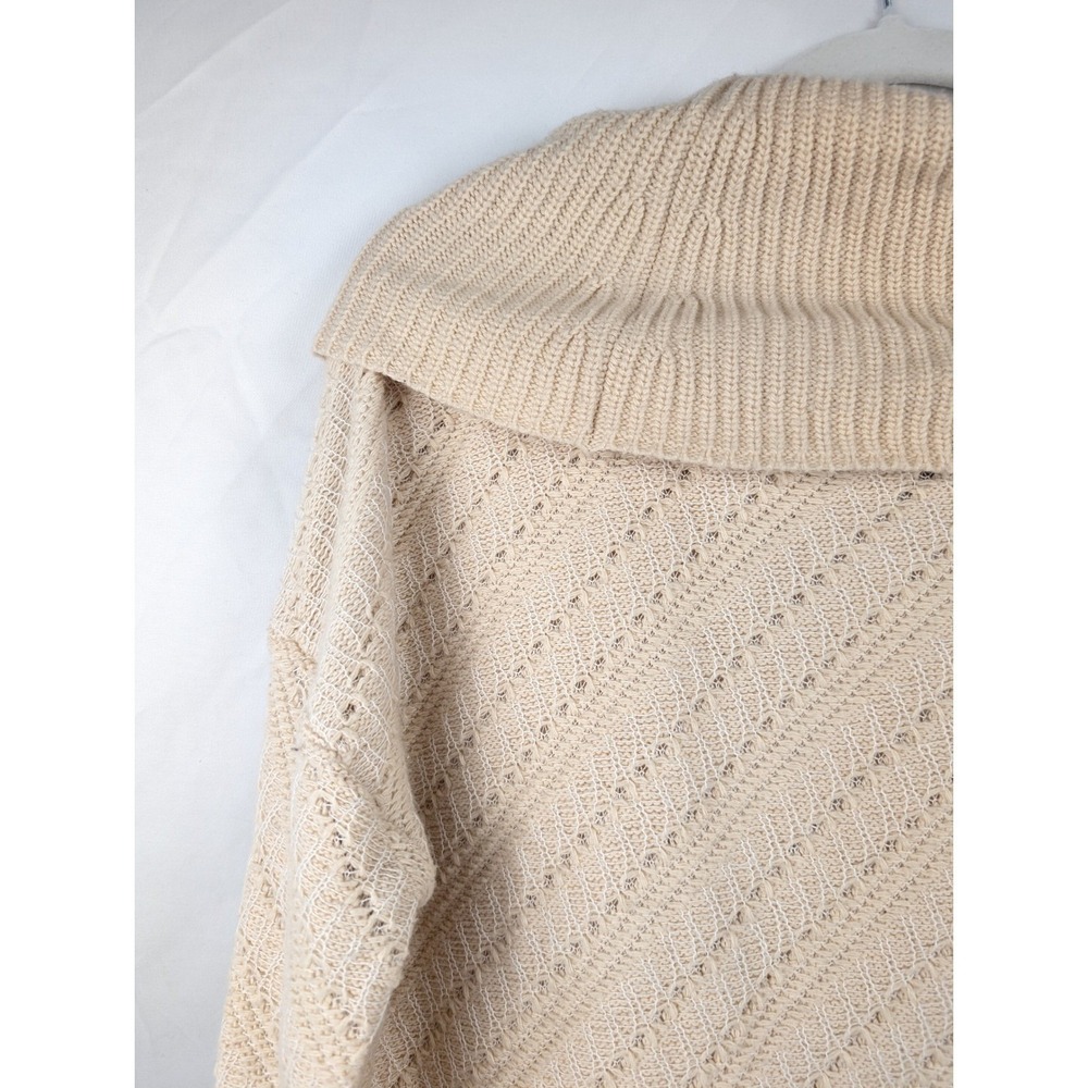 Pointelle Wool Cowl Neck Sweater‎ Size S Tan Cream Cottagecore Preppy Fisherman - Picture 5 of 11